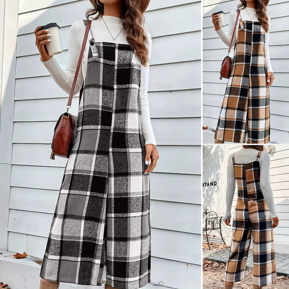 

MiaMuse Boutique Autumn Summer Jumpsuits 2025 Women's Plaid Sleeveless Square Neck Wide Leg Capri Trousers Casual Jumpsuits
