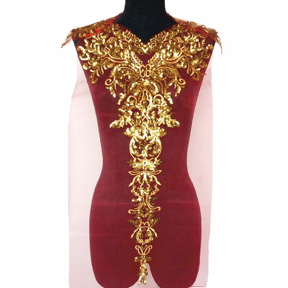 1 Set Gold Sequined Appliques Red Blue Black Mesh Epaulette Embroidery Lace Fabric Wedding Sew On Patch For Dress DIY Decoration
