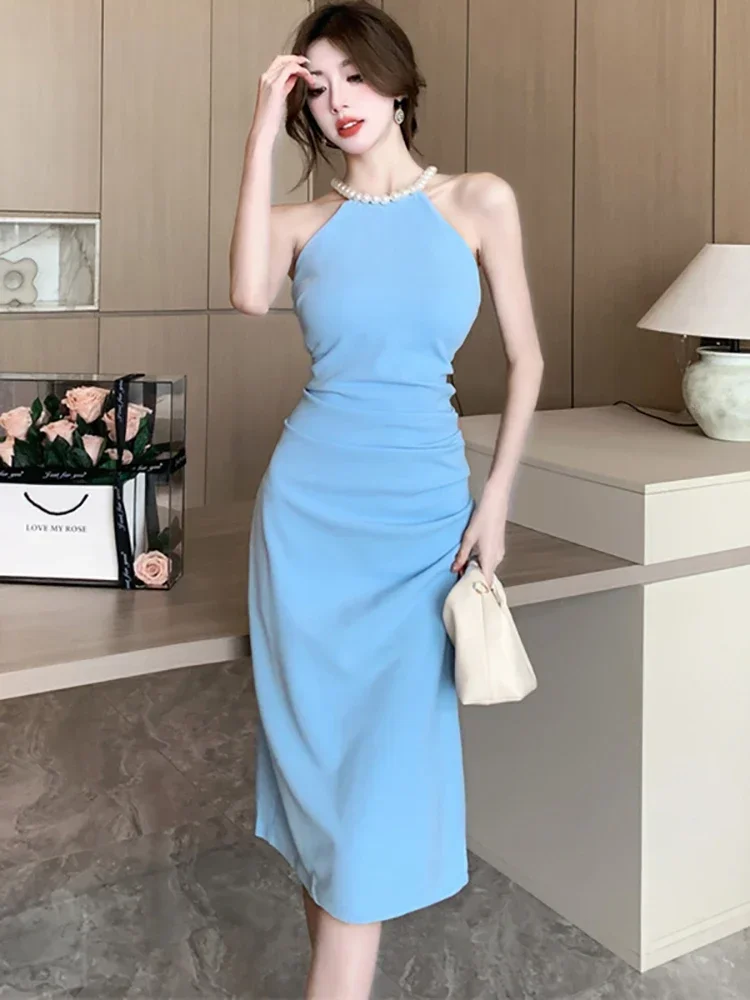 2024 Blue Elegant Beading Neck-mounted Long Dress Gown Women Elegant Luxury Evening Dress Summer Korean Bodycon Chic Party Dress