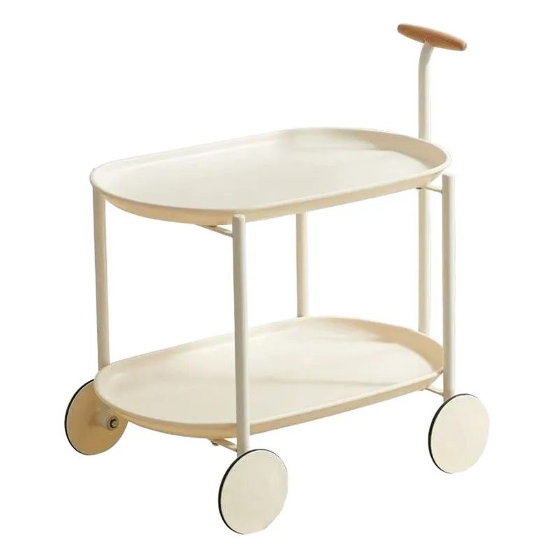 Cream White 2 Tier Rolling Cart Moon Style Utility Cart with Wheels Multifunctional Storage Trolley for Living Room Bedroom