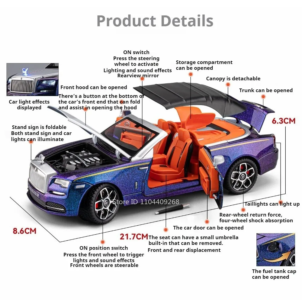 1:24 Scale Rolls-Royce Dawn Cullinan Model Car Toy Sound Light Doors Opened Wheel Steering Vehicles Models Holiday Celebrations