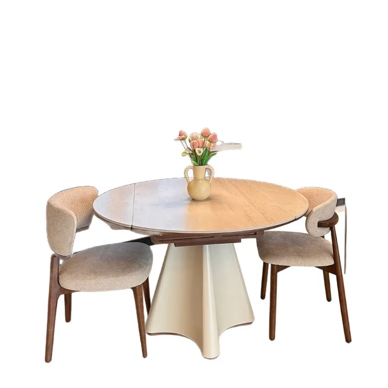 

Medieval cream wind rock slab dining table variable round table household solid wood dining table small apartment French