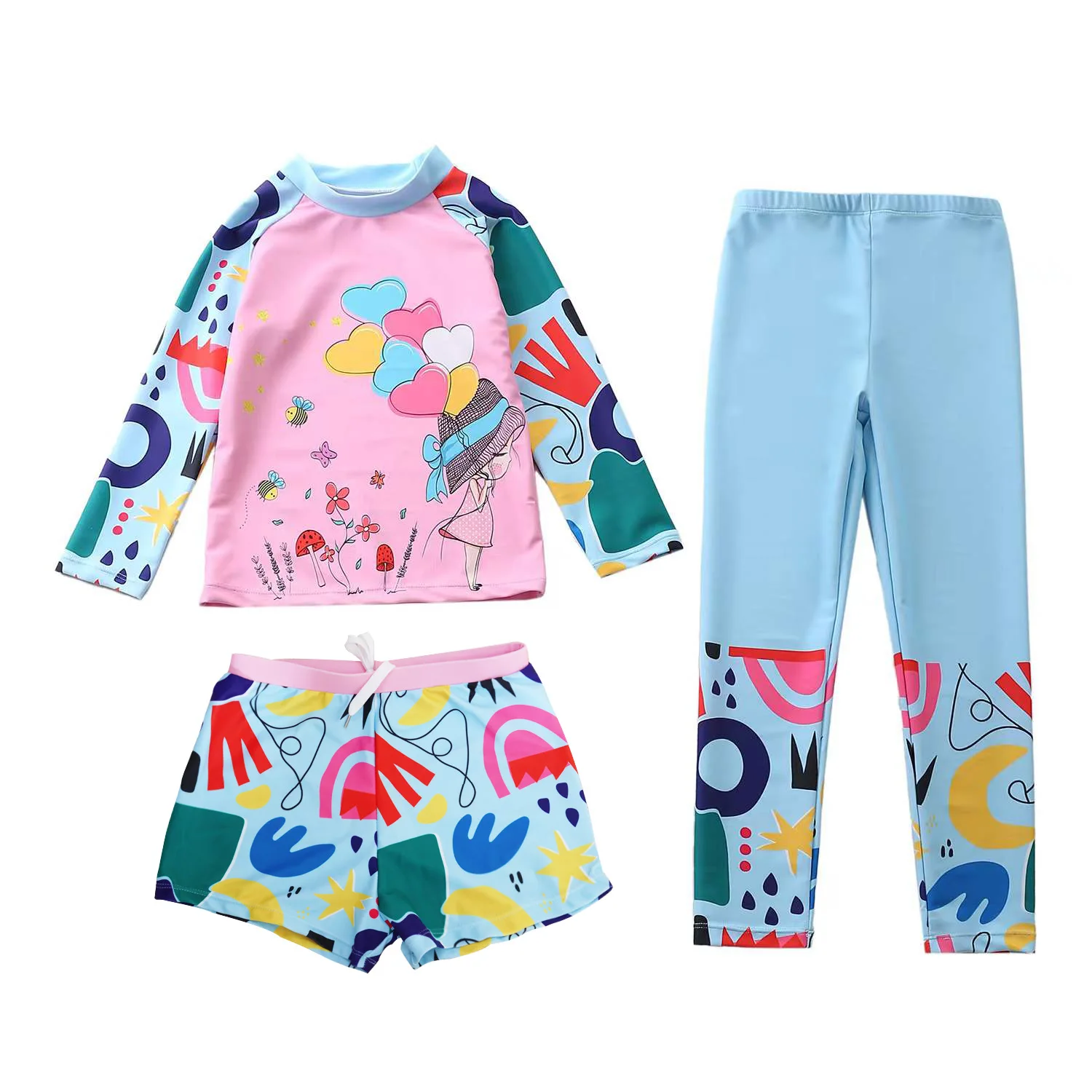 HappyFlute New Kids Swimsuit Cute Printed Girls Swimwear 3Piece With Long Sleeve Sun Protection Children Summer Beach Cloth