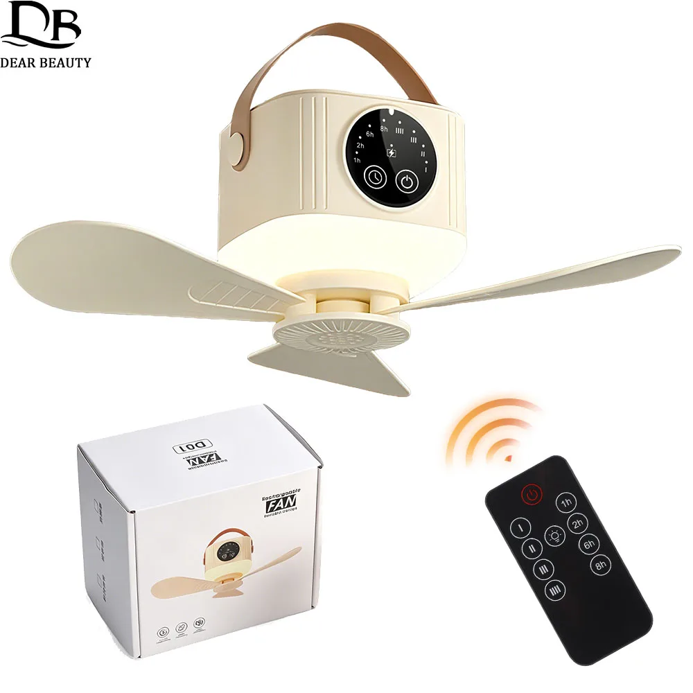 Wireless Ceiling Fan With Light Remote Control Rechargeable Electric Fan 4 Speeds Portable Hanging Camping Fan For Outdoor Tent