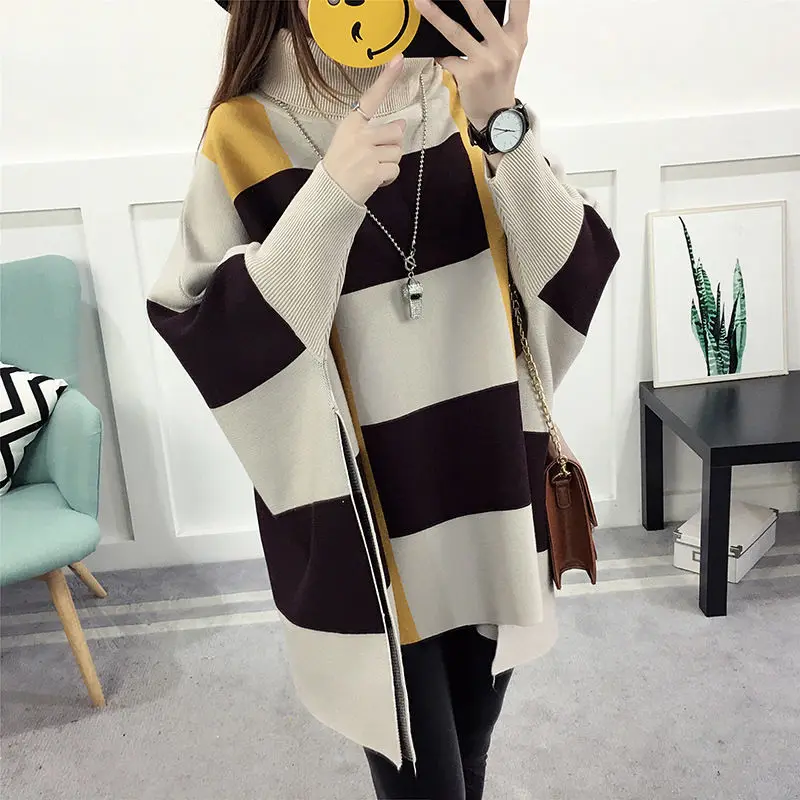 High Neck Cape Coat Women Autumn and Winter Mid length Korean Casual Sweater Pullover Bat Sleeve Knitwear Sweater Poncho Women