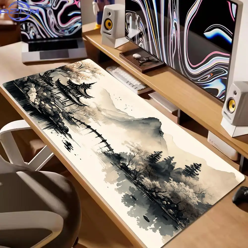 XXL Chinese Landscape Painting Mouse Pad Brown Texture 400x900 Art Mat Computer Office Gamer Desk Anti-Slip Gaming Keyboard Mat