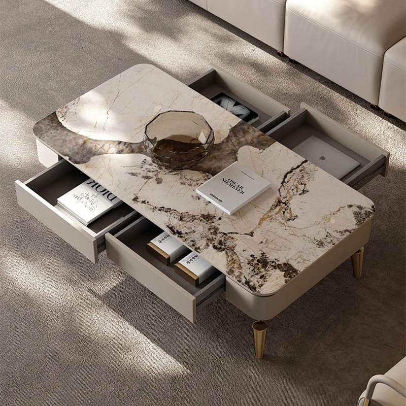 -For Luxury  Furniture Wooden Coffee Table Slate Stone Home Storage Large Drawers Wood Modern Living Room Center Coffee Table&