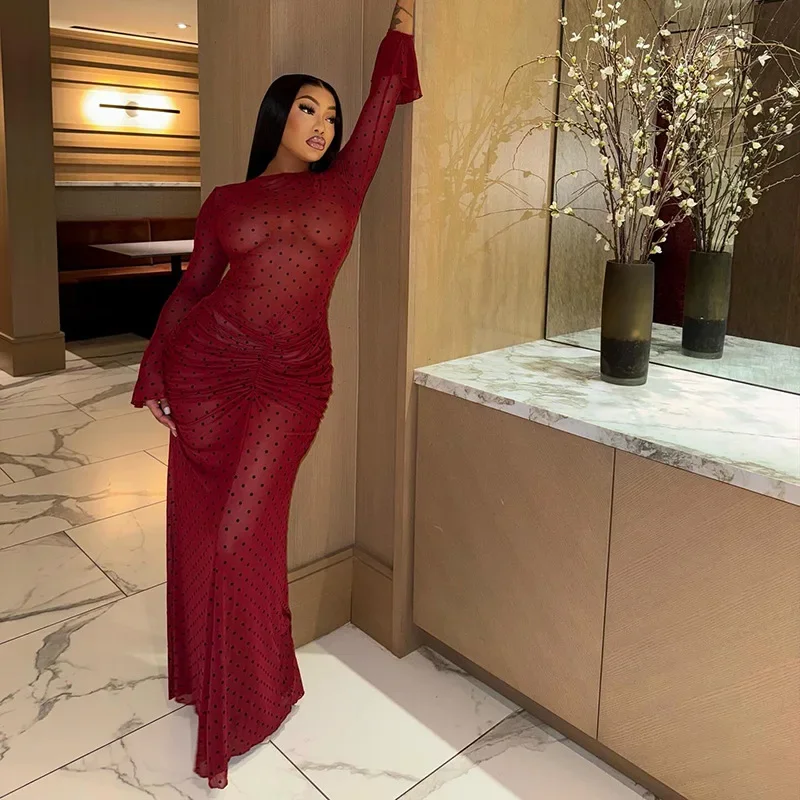 Ruched انظر من خلال شبكة منقطة طباعة Bodycon ماكسي فستان الحفلات المرأة مثير س الرقبة مضيئة كم سليم ثوب مسائي رداء طويل #1