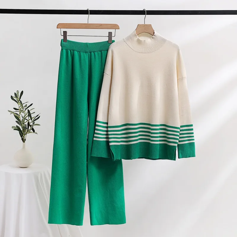 Knitting 2 Piece Sets Women Outfit Sweater Trousers Autumn Winter Thickening Stripe Turtleneck Loose Fashion Sets Womens 2 Piece