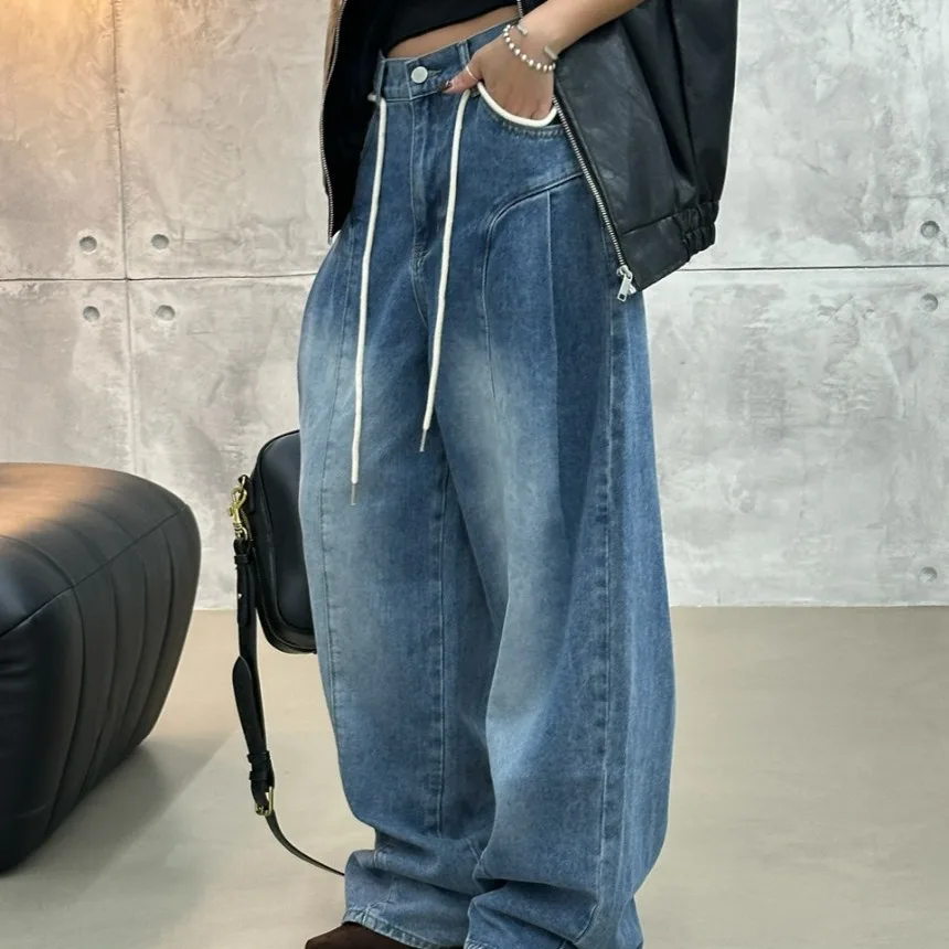 Comfortable Faionable Vintage Waed Denim Jeans with Knot Rope Bend Knife New Arrival Women's Premium Quali Casual Jeans