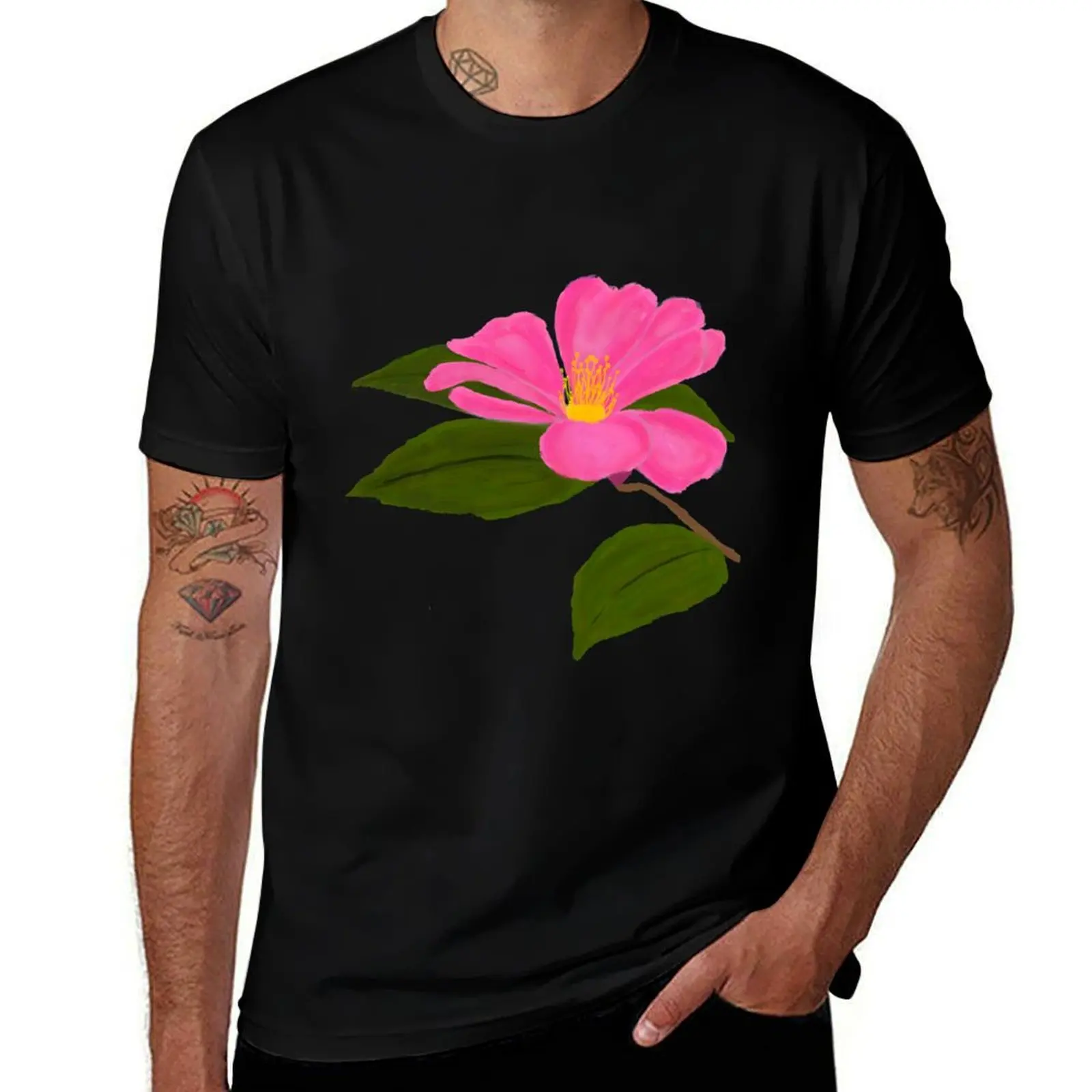 Pink Camellia Flower T-Shirt man t shirts high quality luxury brand T-Shirt