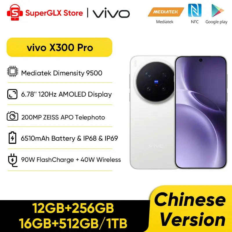 Chinese Version Vivo X300 Pro 5G Smartphone MediaTek Dimensity 9500 6.78'' 120Hz LTPO AMOLED Display 6510mAh 90W SuperCharge NFC