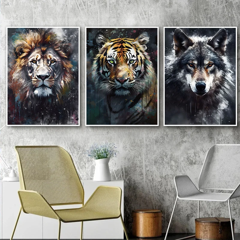 Watercolor Animals Portrait Canvas Painting Ape Chimpanzee Lion Wolf Portrait Graffiti Poster and Print for Home Decor Frameless