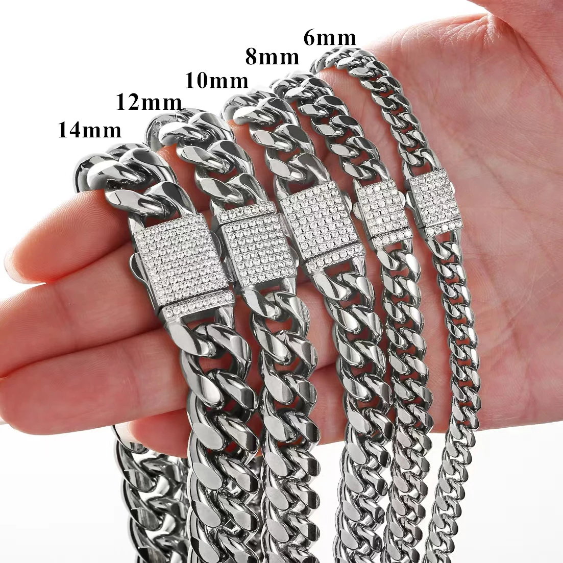 

6/8/10/12/14mm Hip Hop Silver Color 316L Stainless Steel Crstyal Miami Cuban Link Chain Necklace For Men Women