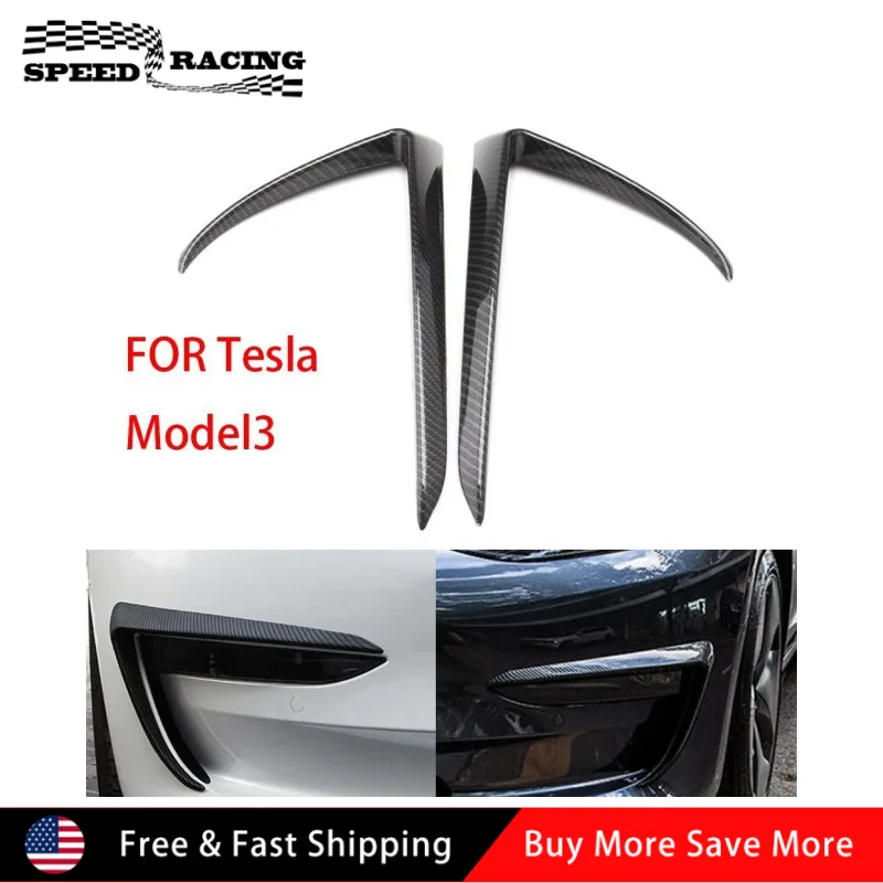 

2pcs ABS Car Front Fog Lamp Eyebrow Wind Knife Front Bumper Wind Knife Trim For Tesla Model 3 Carbon Fiber Color Black