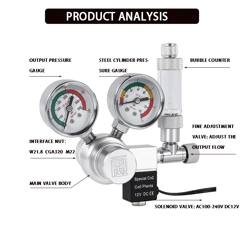 Aquarium CO2 regulator with solenoid valve bubble meter fine-tuning valve control reaction system CO2 pressure reducing valve