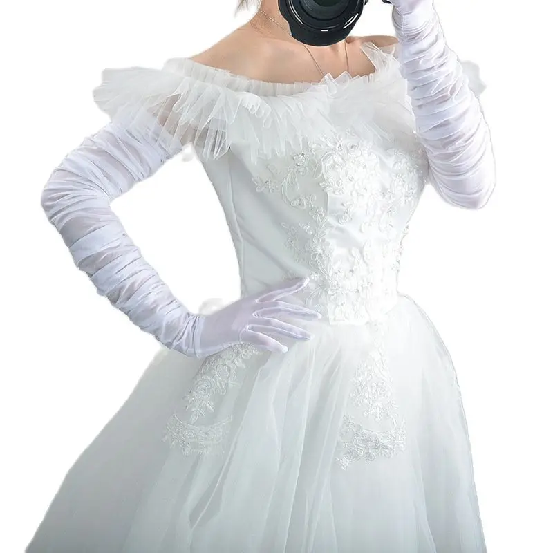 RUCHED MESH LONG GLOVES Female Gathered Stretch Tulle Lace Semi Sheer Black RUCHING Women Gloves Touchscreen WWS09