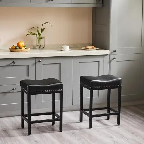 Stools Set of 2，PU Leather Barstools with Metal Base, JOMA JOMA  Stools Kitchen Island Counter,Black Banquetas de barra