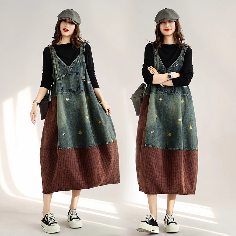 Retro Workwear Style Embroidered Denim Dress Midi Length Sleeveless Patchwork Large Size Overalls Casual Loose Fit Cotton