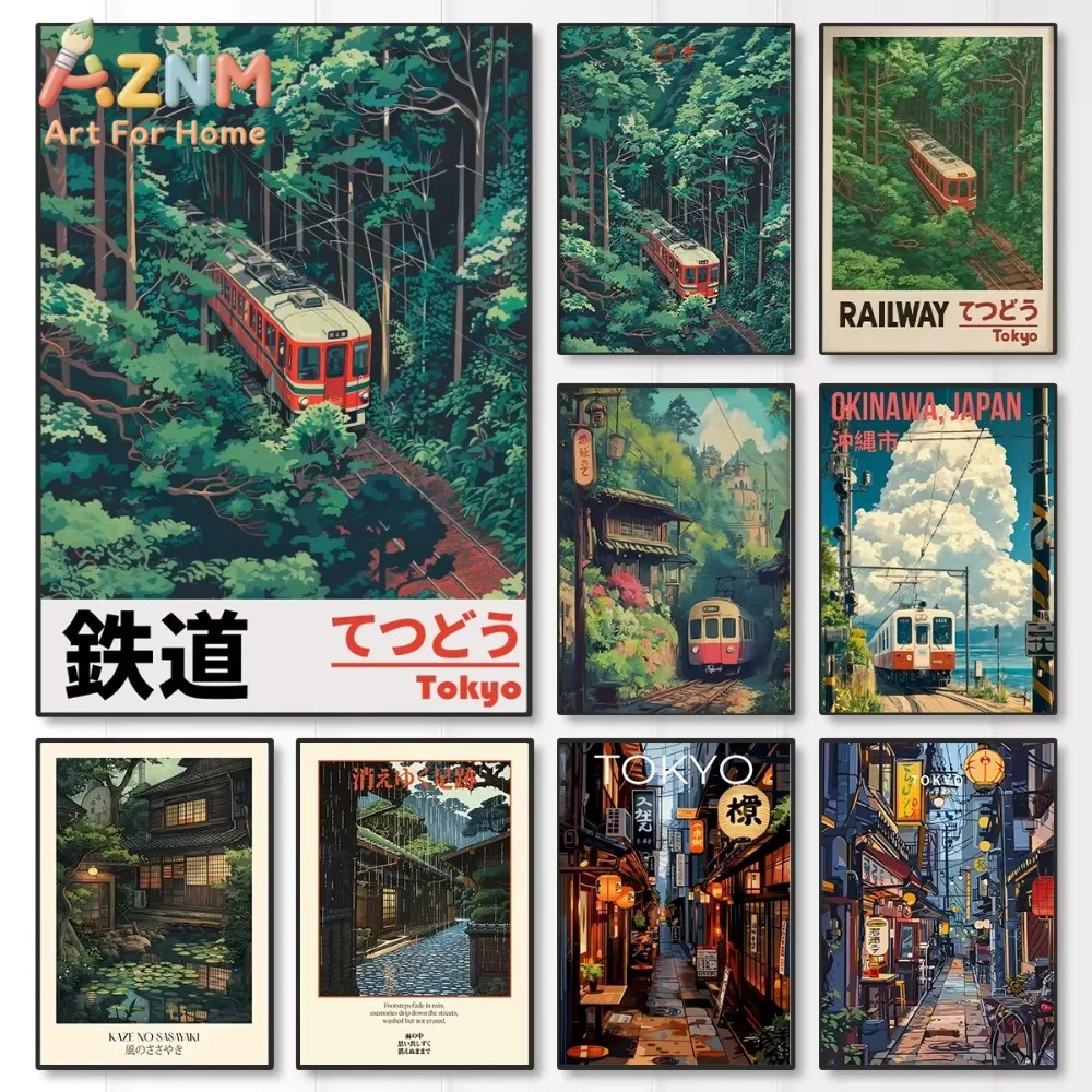 1pc Retro Japanese Railway Landscape Canvas Print Tokyo Rainy Night Street Wall Art Poster for Modern  Room Bedroom Home Decor