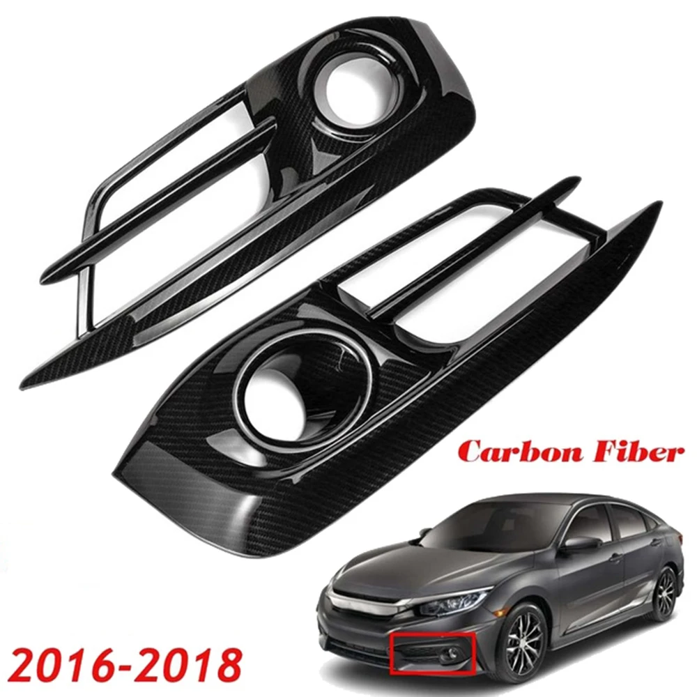 Front Bumper Fog Light Cover Trim Overlay Molding Fog Lamp Grille for Honda Civic 10Th 2016 2017 2018 Carbon Fiber Look