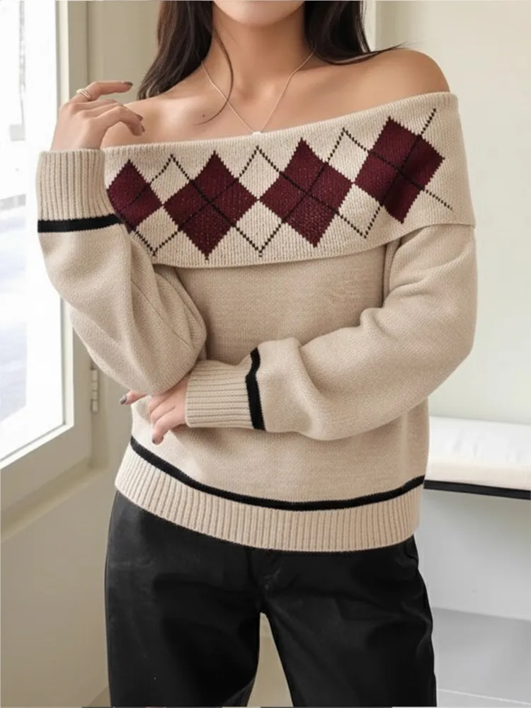 

Winter Clothes Woman Pulls Femmes Sexy Elegant Diamond Sweater Plaid Jacquard One-shoulder Loose All-match Simple Style Casual