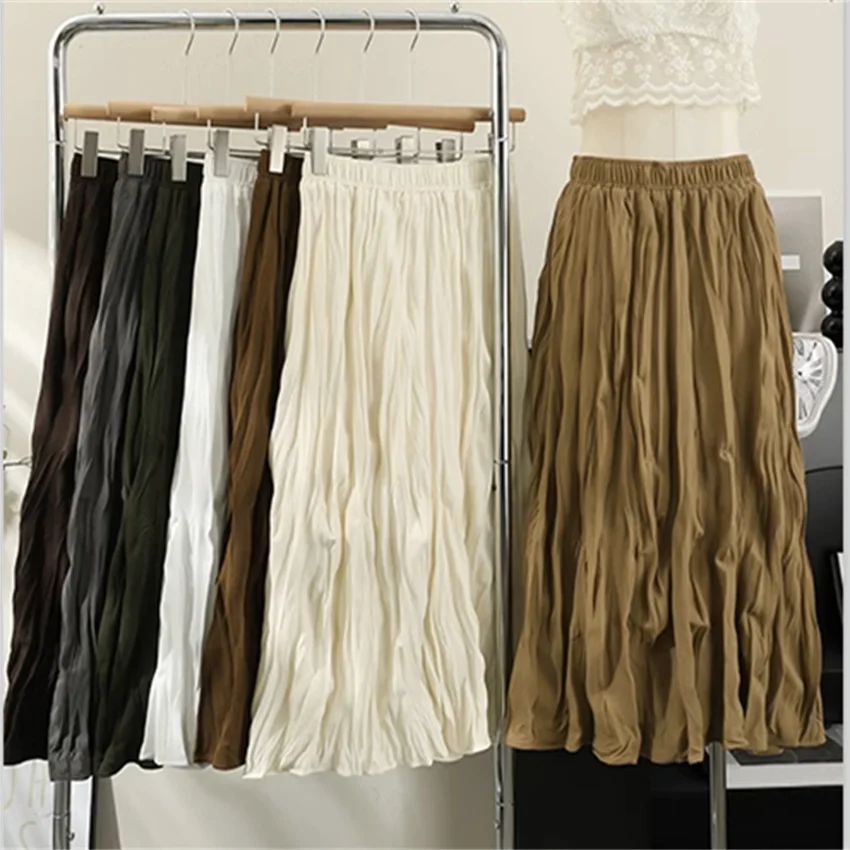 Gowyimmes 2025 New Spring Big Size Women Midi-Long Pleated Skirt Summer Fashion Slim Lady Elastic Waist A-line Skirts Femme 1763