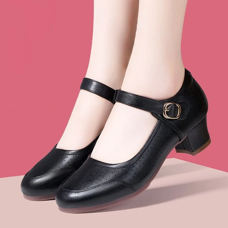 4cm Breathable Comfortable Shallow Mouth Soft Leather Mary Janes Platform Shoes 2026 Spring Med Block Heels Dance Work Shoes Mom