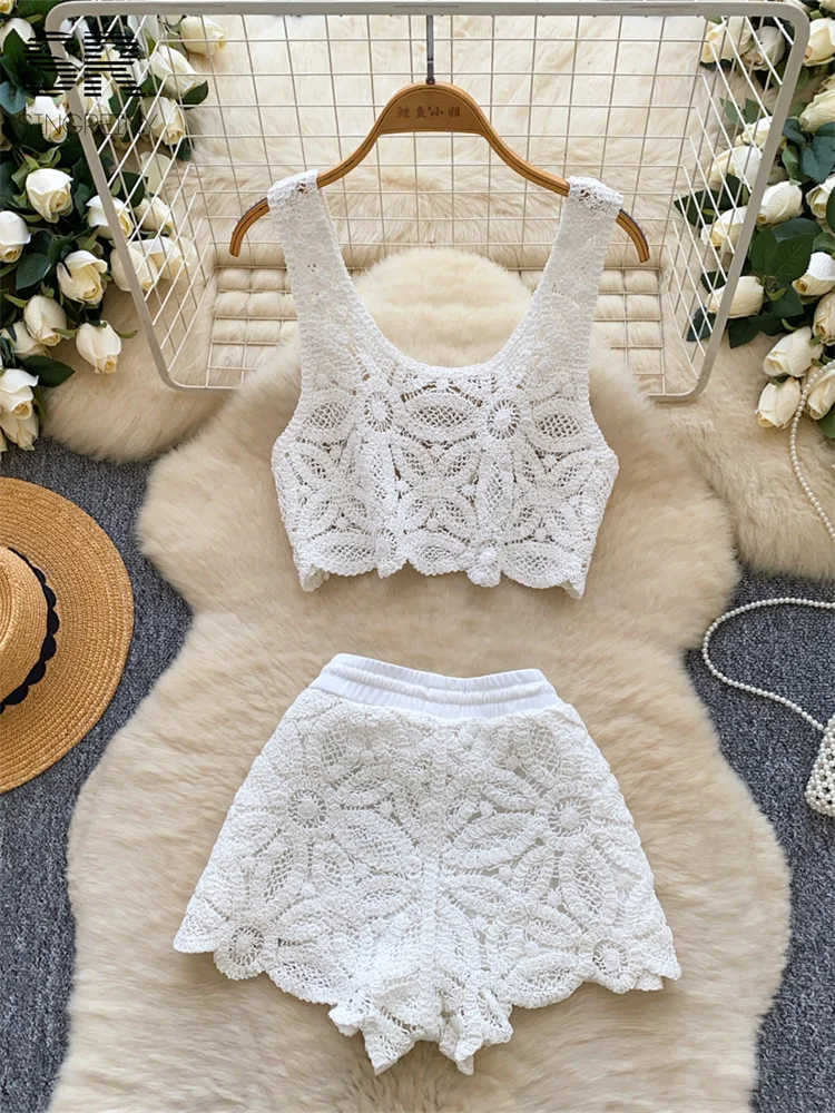 SINGREINY 2026 Knit Vacation Two Piece Sets Women Summer Hook Flower Hollow Crop Tops+Wide Leg Shorts Y2K Beach Style Chic Suits - Image 3