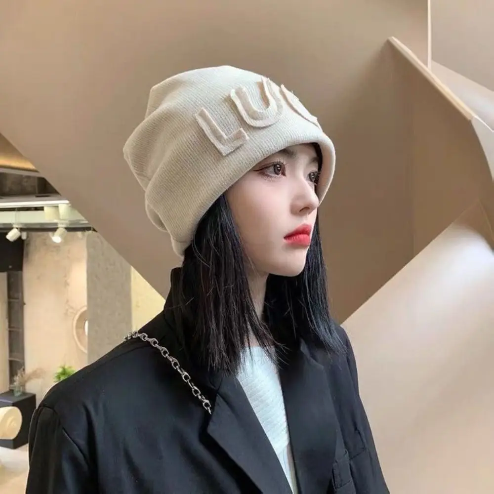 Polyester Fiber Women Beanie Hat Letter Embroidery Korean Japanese Style Slouchy Stack Cap Soft Knit Fabric Pull On Hat