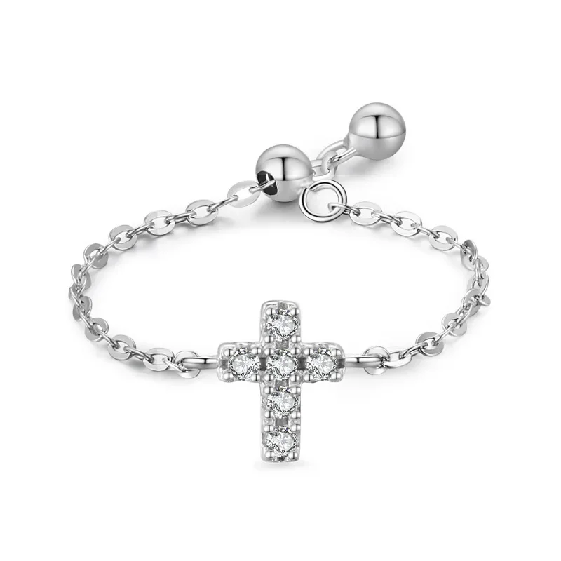 

S925 Sterling Silver Sparkling Diamond Cross Chain Ring, Female Niche Instagram Design, Adjustable Ring, Cross-border Jewelry