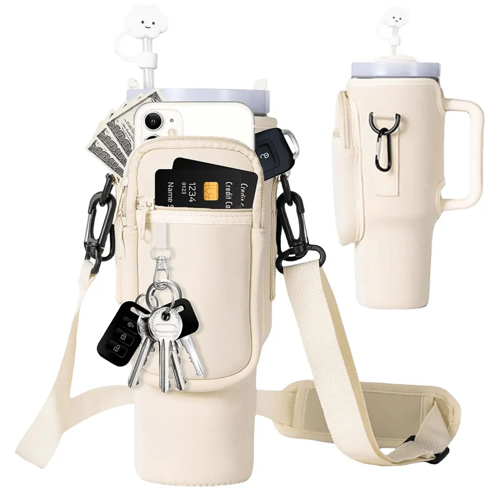 1Pc Water Bottle Carrier Bag Adjustable Shoulder Strap 30/40 Oz Tumbler Cup Sleeve Straw Bottle Holder Pouch with Phone Pocket