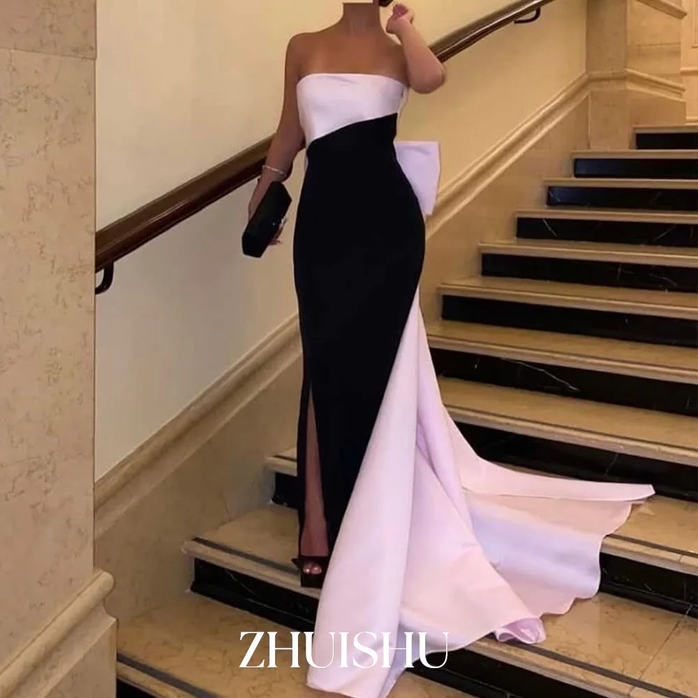 

ZHUISHU Black and Pink Formal Evening Dresses Strapless Straight Gown with Slit Customized Saudi Banquet Prom Party Dresses