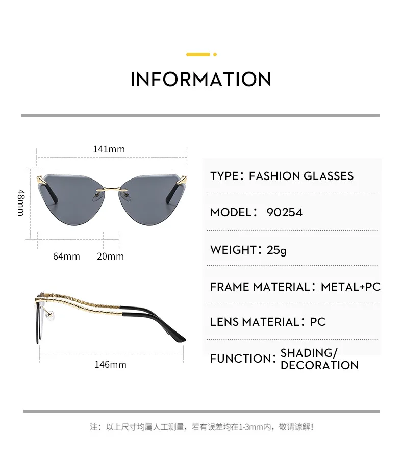 Katzenaugen Randlose Sonnenbrille Damen 2026 Luxusmarke Designer Trendige Metall Rahmenlose Sonnenbrillen für Damen Vintage Eyewear UV400 – Detail 10