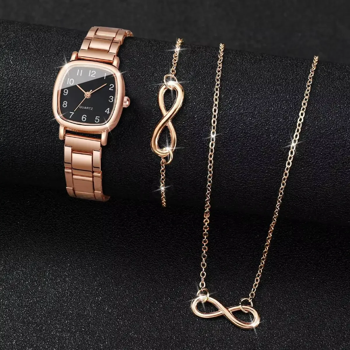 3PCS Female niche high-end steel strip casual fashion women's watch+number 8 bracelet set