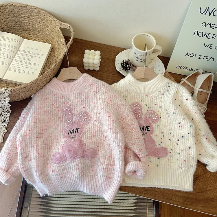 

Thiened One-Piece Knitted Sweater for Little Girls Autumn Winter Water Rabbit Velvet Long Sve round Ne Base irt