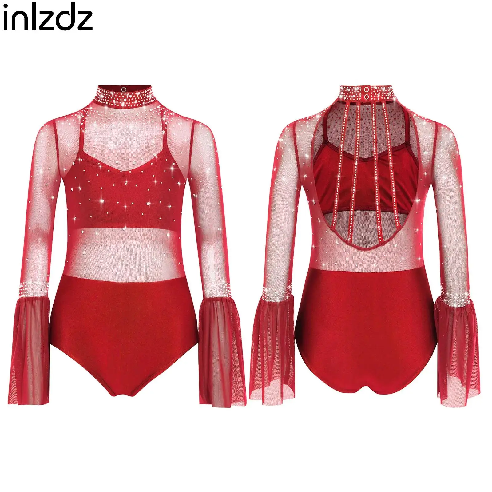 

Child Girls Ballet Dance Leotards Gymnastics Figure Skating Costume Flare Sleeve Rhinestone Mesh Bodysuit Performance Dancewear