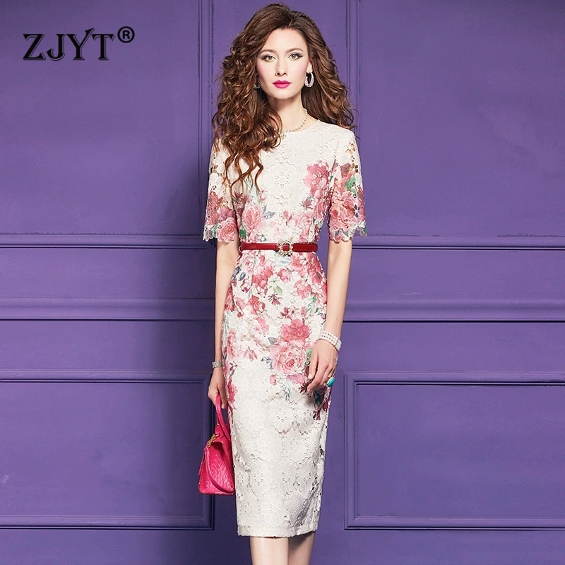 

ZJYT Elegant Designer Women's Flower Print Midi Lace Dress Summer 2025 New Fashion Short Sleeve Slim Straight Plus Size Dresses