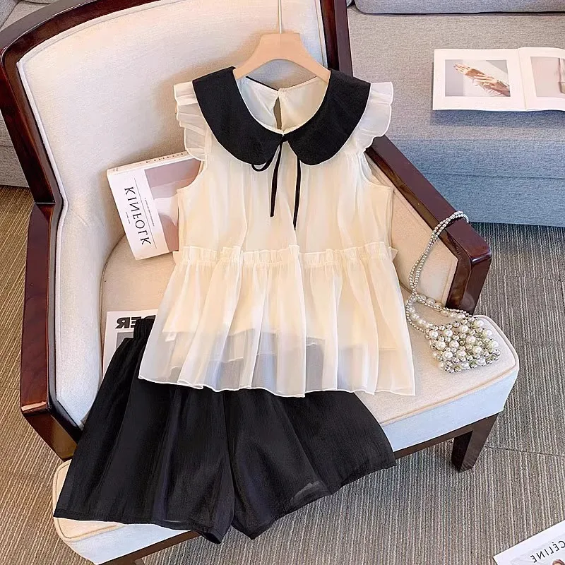 Summer French Sweet Chiffon 2-Piece Set Women 2024 New Good Quality Doll Collar Bow Loose Vest Top+High Waist Shorts Suit Trend