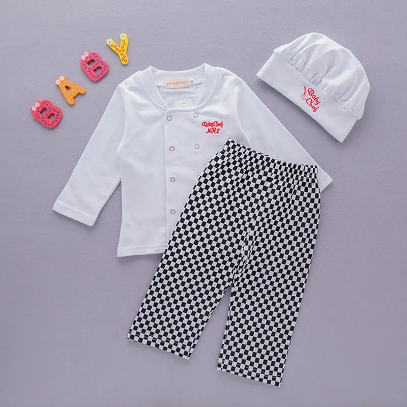 3pcs Set Cook Chef Costume for Baby Infant 12M 18M 2-3T Kitchen Uniform Halloween Purim Fancy Dress Cotton High Quality Umorden