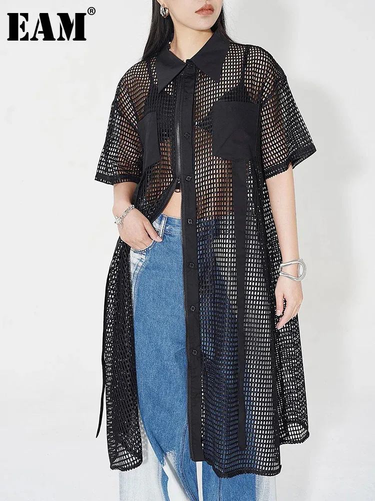 

[EAM] Women Black Mesh Perspective Midi Big Size Shirt Dress New Lapel Short Sleeve Fashion Tide Spring Summer 2024 1DH4934