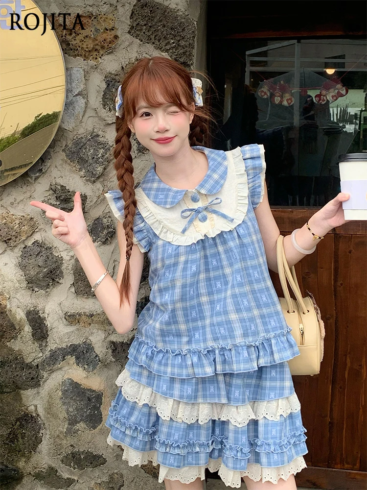 

Bear Plaid Summer Blue Sets Doll Collar Sleeveless Doll Collar Top + Cake Skirt Two Piece Sets Womens Outifits
