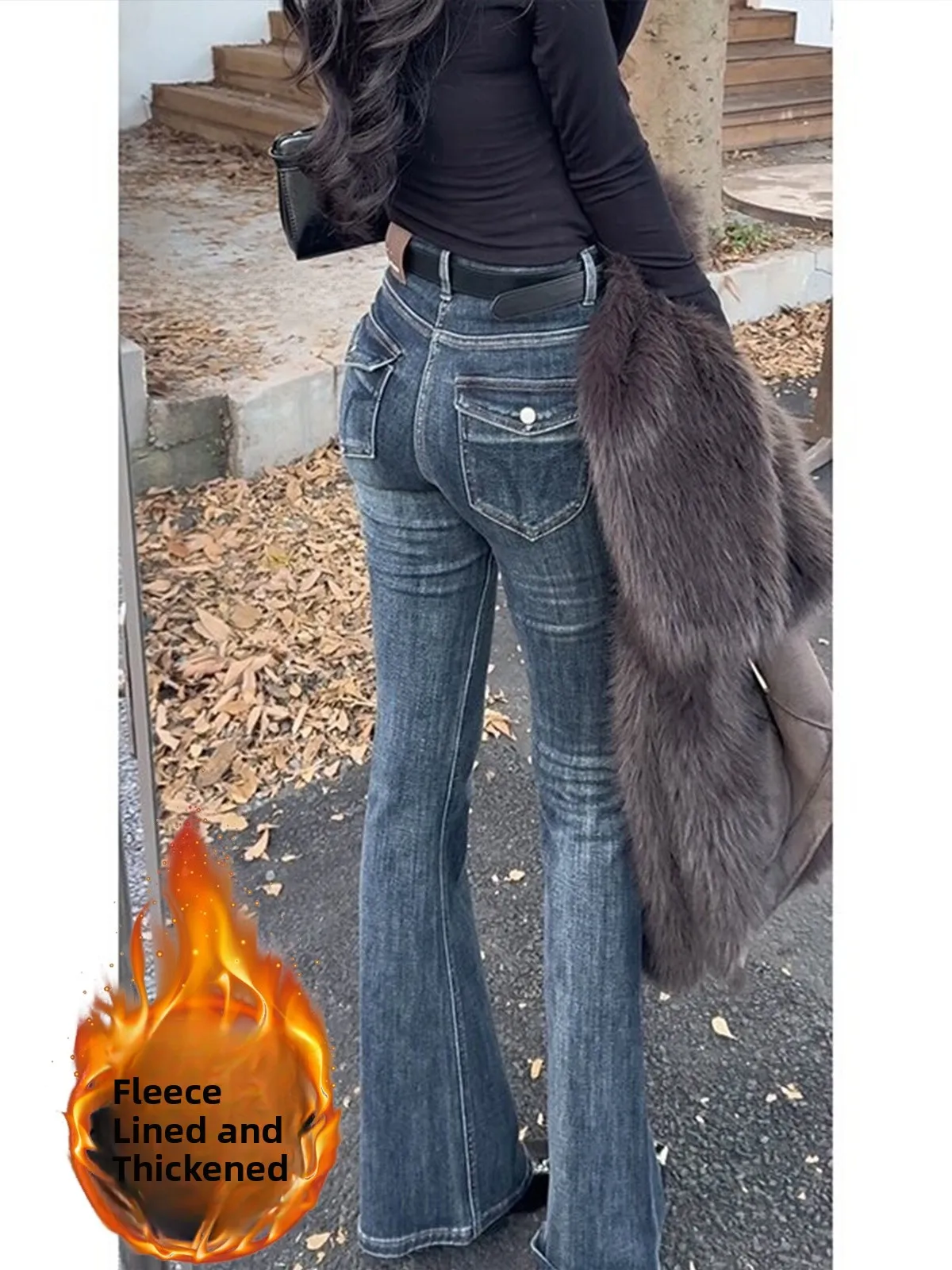 

High Waist Fce Lined Slimming Bell Bot Jeans Women's Spring New Sle Warm Slim Fit Flared Trousers Casual High Waist