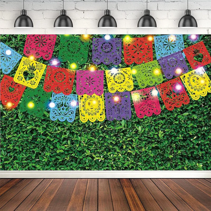 Mexican Fiesta Photography Backdrop For Day of The Dead Festival Birthday Party Green Grass Wall Colorful Flags Background Decor