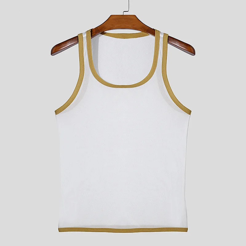 Neue Männer Mesh Tank Tops Sommer 2025, Clubwear Casual Weste U Neck Ärmellose Kontrast Farbe Fishnet T-shirt Komfortable Chic Tees – Detail 4