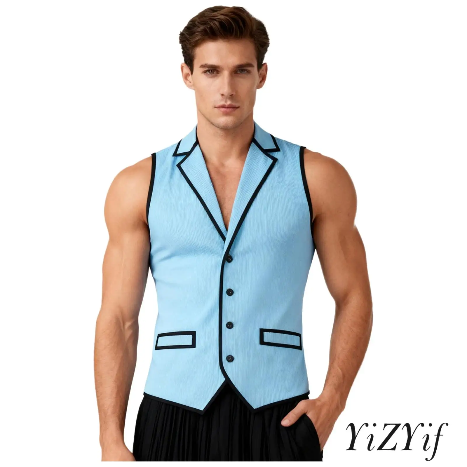 

Fashion Mens Color Blocking Trim Corduroy Waistcoat Top Notch Lapel V Neck Sleeveless Button-down Pointed Hem Vest Tank Top