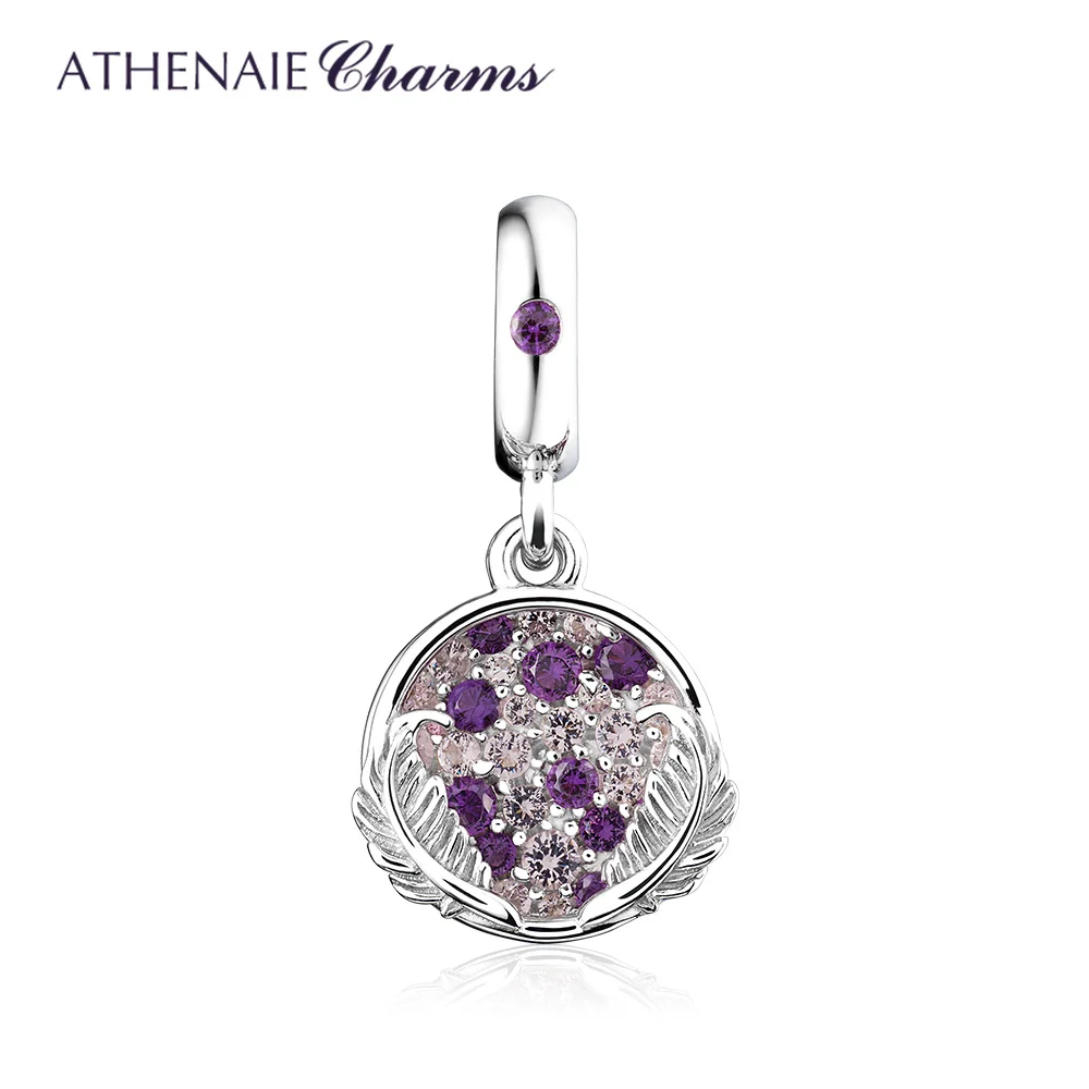 ATHENAIE 925 Sterling Silver Feather Pendant with Purple CZ Stone Fit European Bracelets for Perfect Gift Women Jewelry