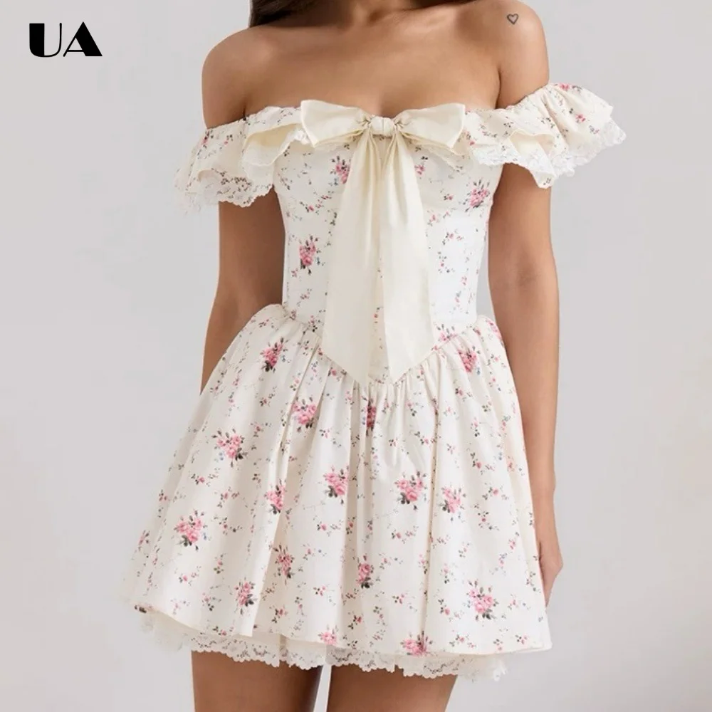 

Summer New Sweet Off-the-shoulder Bow Mini Dress Vacation Style Printed Ruffled Short Dresses for Women French Style Lace Dress