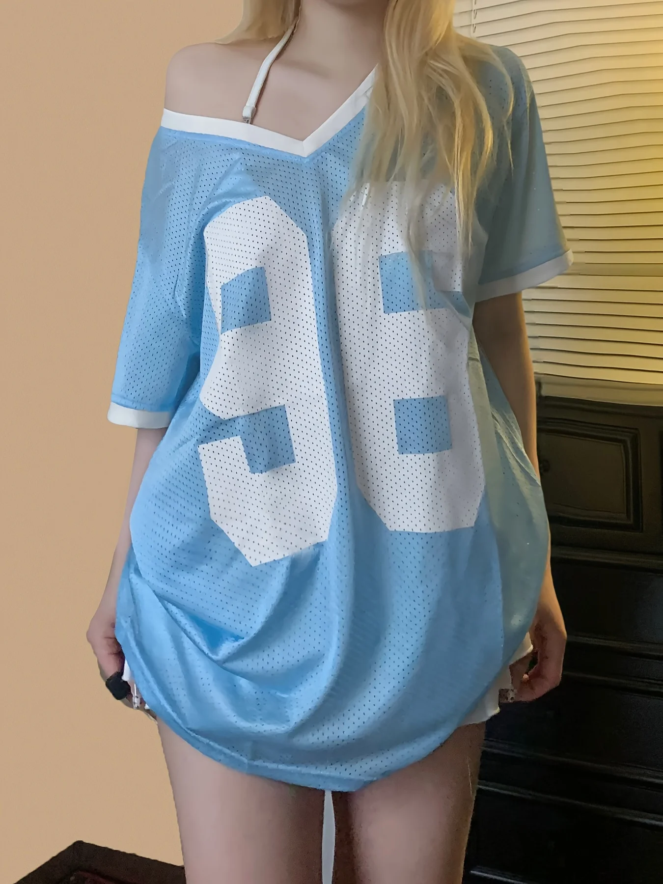 Summer Sexy Spicy Girl Outfit Mesh Jersey Tshirt Women'S V-Neck Loose Polyester Fabric Tee Fashionable Sportswear Y2k Casual Top