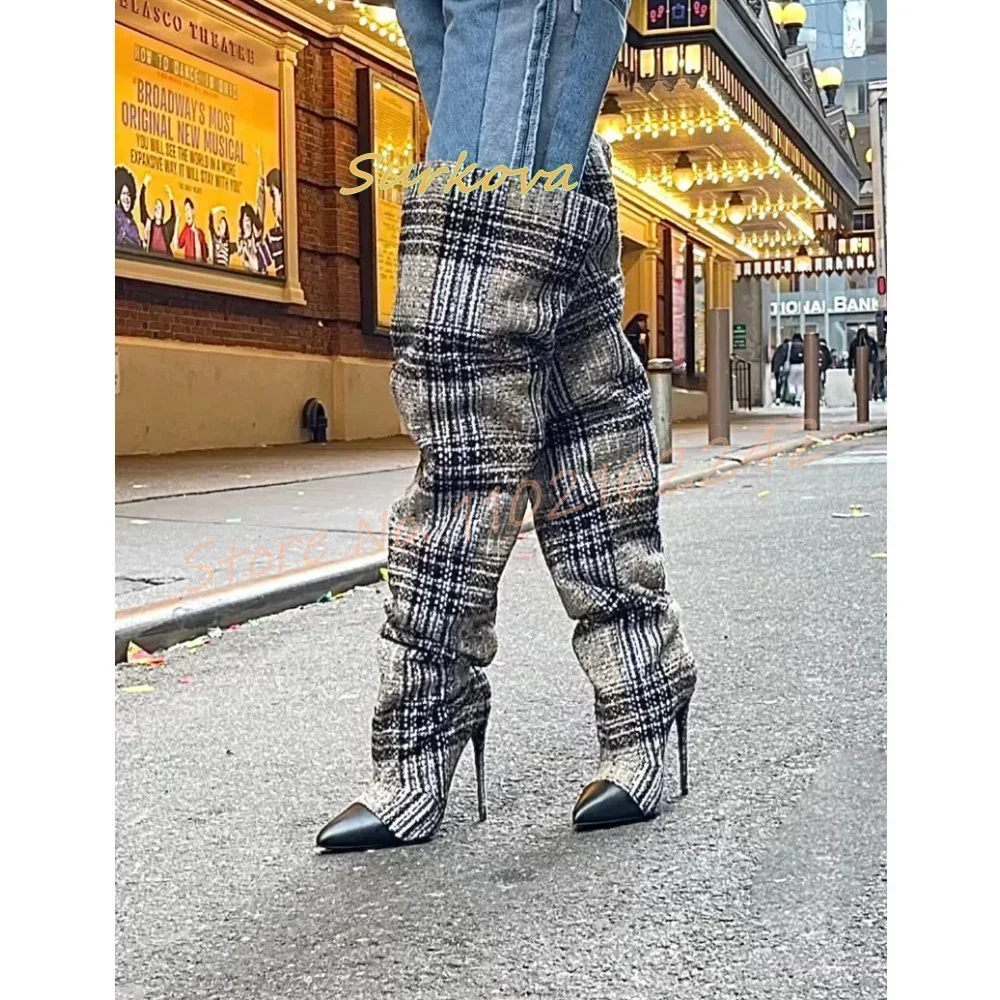 

Knitted Gray Plaid Over-The-Knee Boots Winter Pointed Stiletto High Heels Boots Elegant Warm Luxury Slip-On Women'S Long Boots